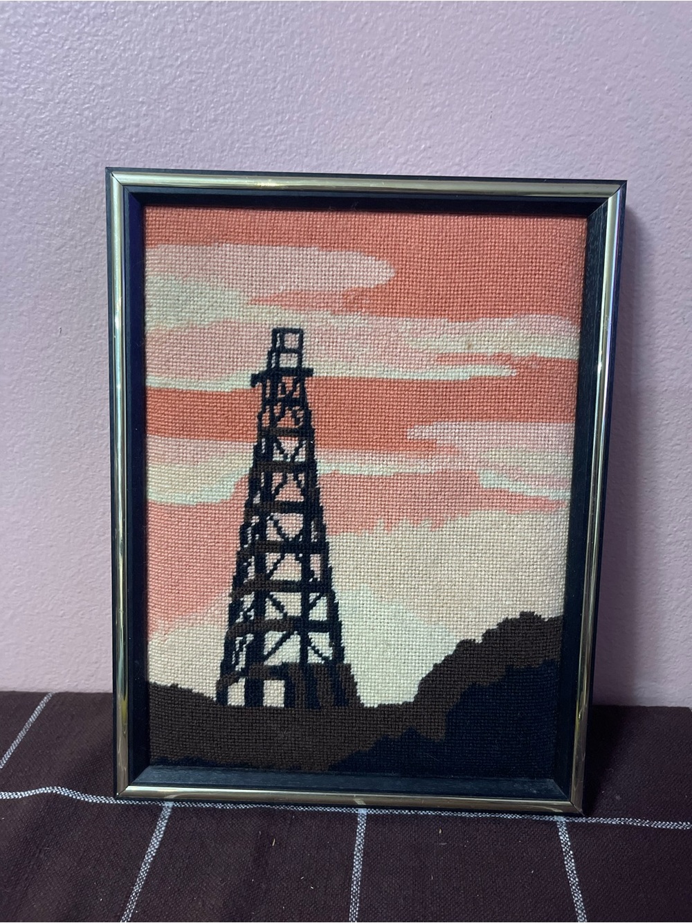 Sunset Oil Field Needlepoint Wall Art: Sunset Oil Derrick VTG" Framed